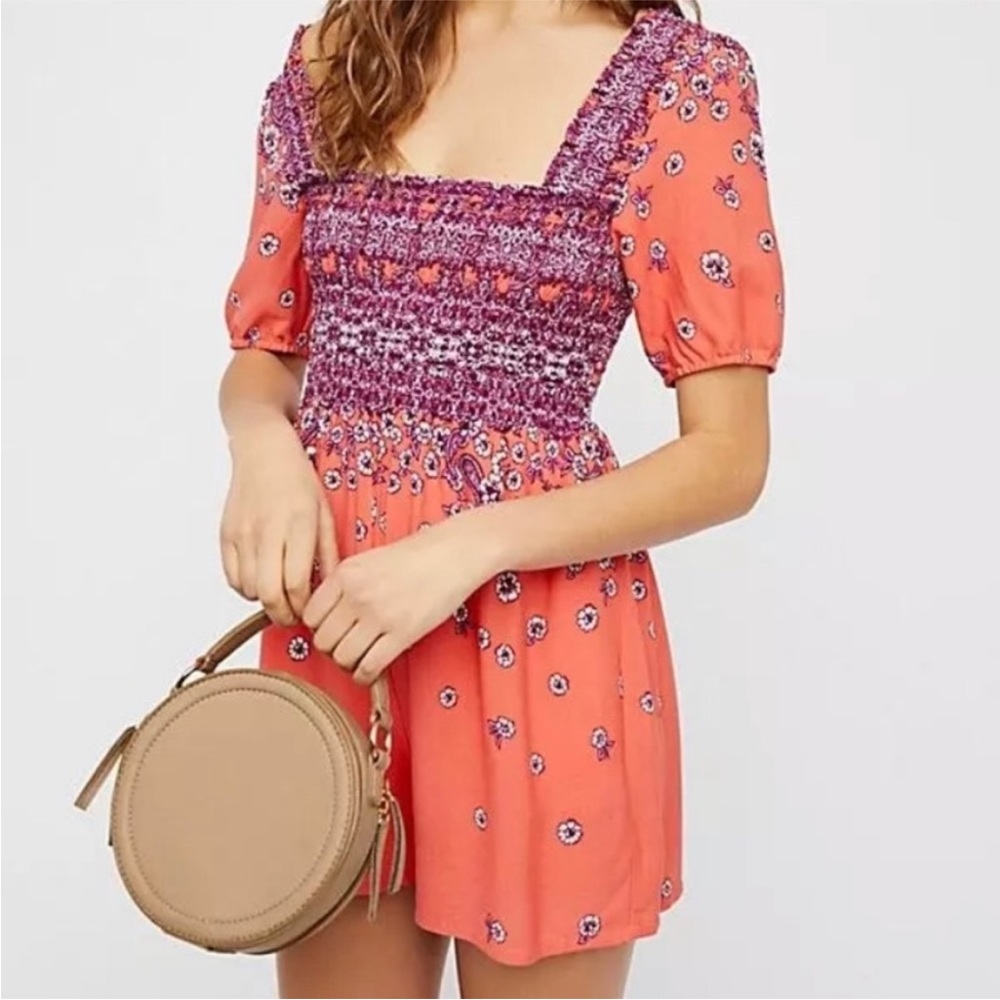 Free people orange & purple ruched romper Beach Vacation Tropical floral